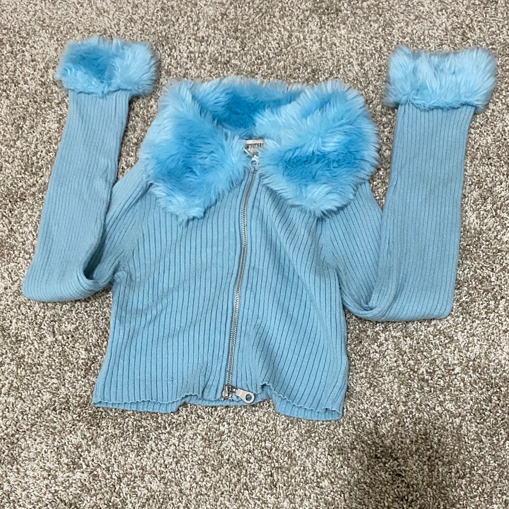 Urban Outfitters Sky Blue Fuzzy Jacket with faux fur
